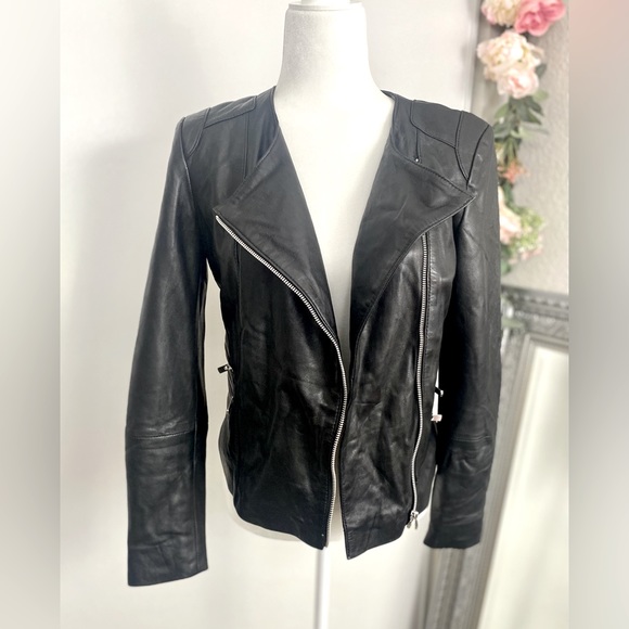 Mango Jackets & Blazers - Mango MNG Black Genuine Leather Moto Jacket Size XS